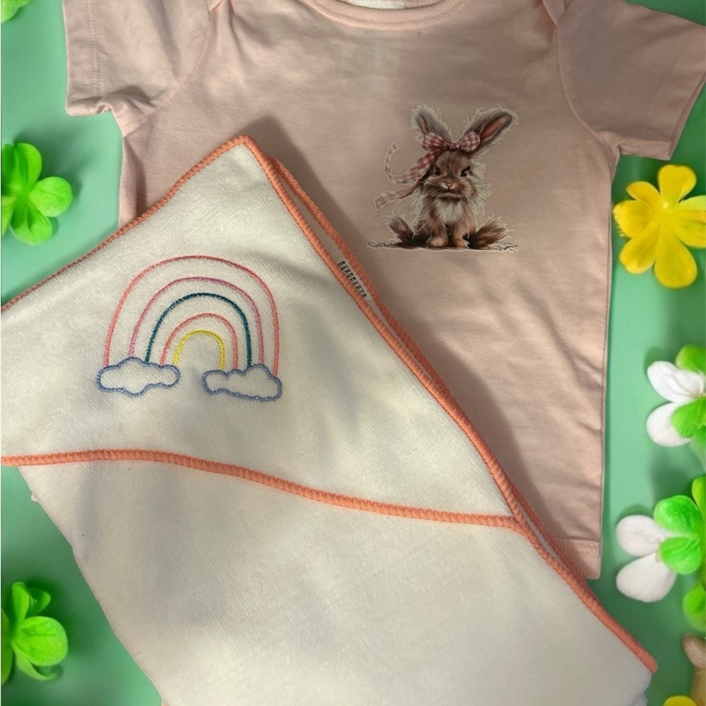 Girl 6-9 month Bunny Onsie Set; onesie and Microfiber Towel